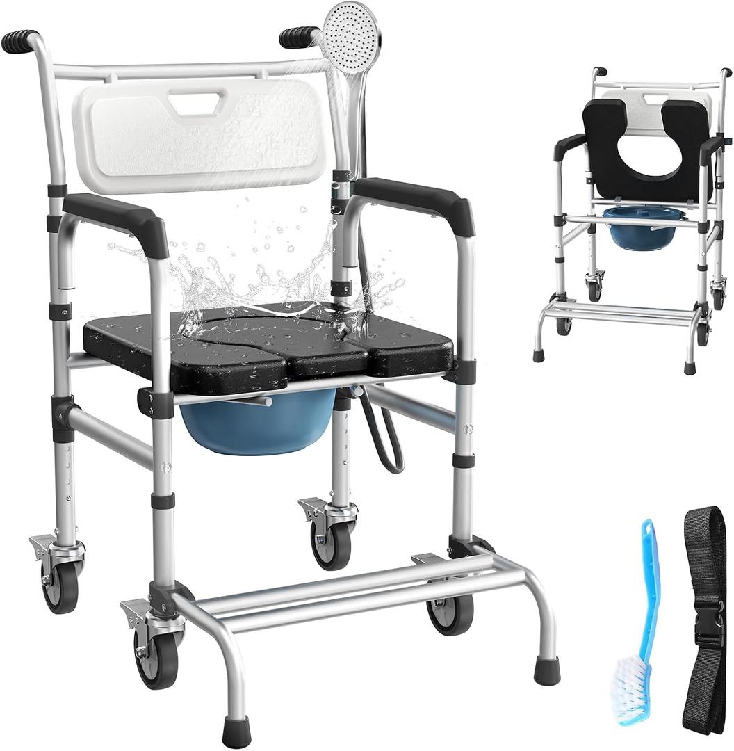 4-in-1 Rolling Bedside Commode Chair with Wheels for Seniors, Heavy Duty Shower Chair with Handles, Adjustable Height Raised Toilet Seat for Elderly and Disabled, Support 350 lbs (Black)