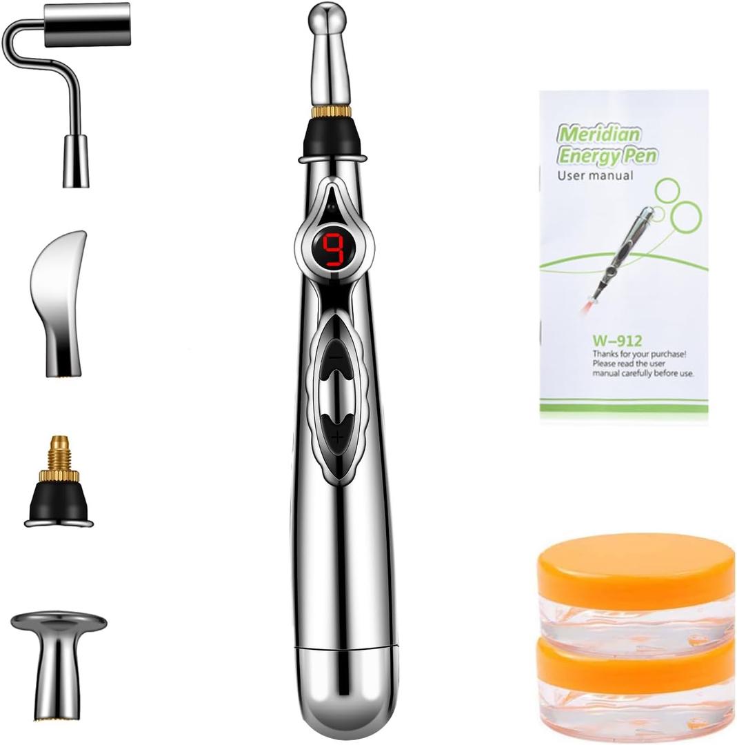 5-in-1 Massage Acupuncture Pen, Electronic Pain Relief Therapy, Meridian Energy Massager Pen Self Massage Tools Muscle Healing with Massaging Gel (Silver)