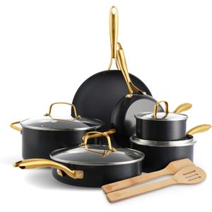 GreenPan 12 Piece Nonstick Swift Cookware Set, Ceramic PFAS-Free Pots & Pans with Lids, Dishwasher & Oven/Broiler Safe to 600F, Kitchen Cooking Set, Sauce, Saute, Stock, Frying Pans, Black/Gold, 12pc Pots & Pans Set