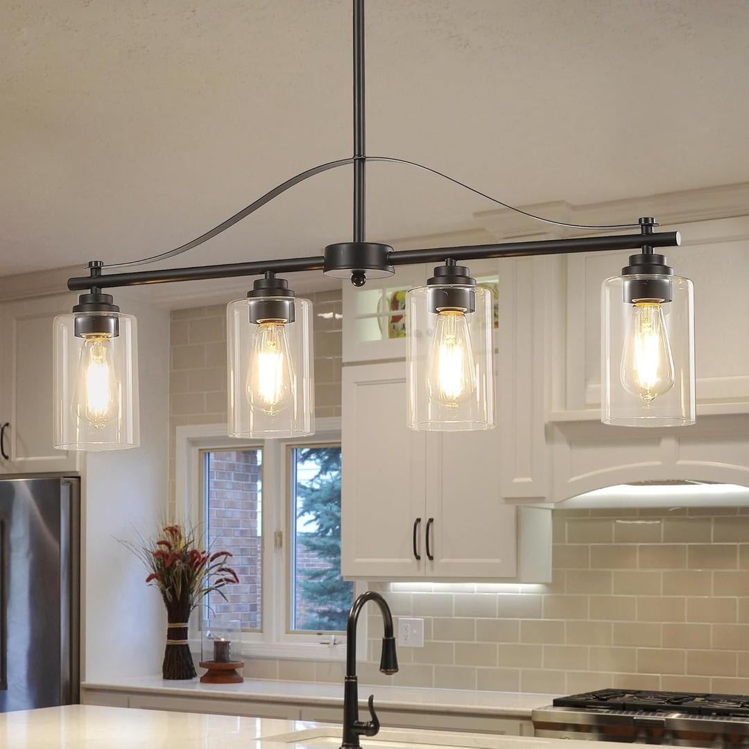 Island Light for Kitchen, 4-Light Linear Chandelier Pendant Lighting for Kitchen Island, Matte Black Dining Room Light Fixture Over Table with Clear Glass Shades