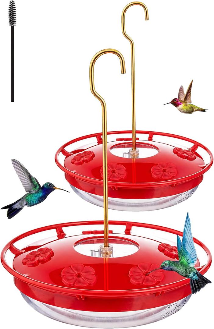 Hummingbird Feeders for Outdoors Hanging, Glass Nectar Feeder with Ant Moat and 5 Bee Guard Feeding Ports, Leak Proof, 21 Ounces, Red (Red) 2 pack