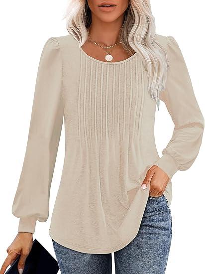 Long Sleeve Shirts For Women Fall Fashion 2025 Womens Tunic Tops Pleated Crew Neck Puff Sleeve Blouses Dressy Casual 2X