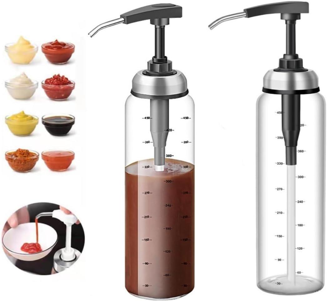 2PCS Sauce Pump Dispenser Glass, 17 oz Condiment Press Bottles- No Drip, Food Grade Pumps for Honey, Syrups, Oil, Condiments, Salad Dressings and More