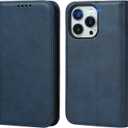 For iPhone 15 Pro Wallet Case with Card Holder for Women Men PU Leather Flip Folio Credit Card Slots Stand Shockproof Phone Cover-Deep Blue