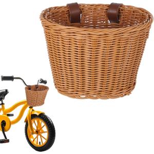 Kid's Bike Basket Front,Bicycle Hanging Basket with Adjustable PU Belts,Weatherproof Premium Hand-Woven Rattan Storage Bicycle Basket for Boys Girls Bicycle Accessories