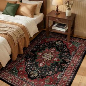 RELEANY Area Rugs 3'x5' Washable Non-Slip, Floral Vintage Distress Print Pattern Medallion Carpet for Living Room Bedroom Dining Room, Red Black