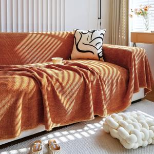 HANDONTIME Brunt Orange Couch Covers for 3 Cushion Couch Sofa Washable Corduroy Jacquard Sofa Slipcovers Caramel Couch Cover for Kids Soft Chenille Sofa Covers Couch Cover Blanket Thick, 71" X134"