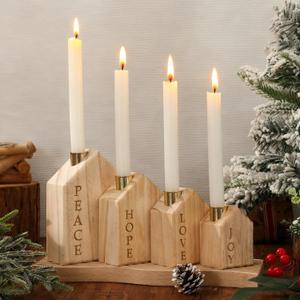 FYSUIMU 4Pcs Wood Christmas Advent Candle Holder House Xmas Nativity Scene Wooden Advent Candlestick Holders for Farmhouse Holiday Home Decor Table Centerpiece
