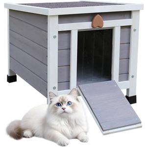 Rockever Outdoor Cat House,Outdoor cat Houses for Feral Cats Weatherproof Rabbit Hutch Small, Wooden Small Pet House and Habitats-Grey
