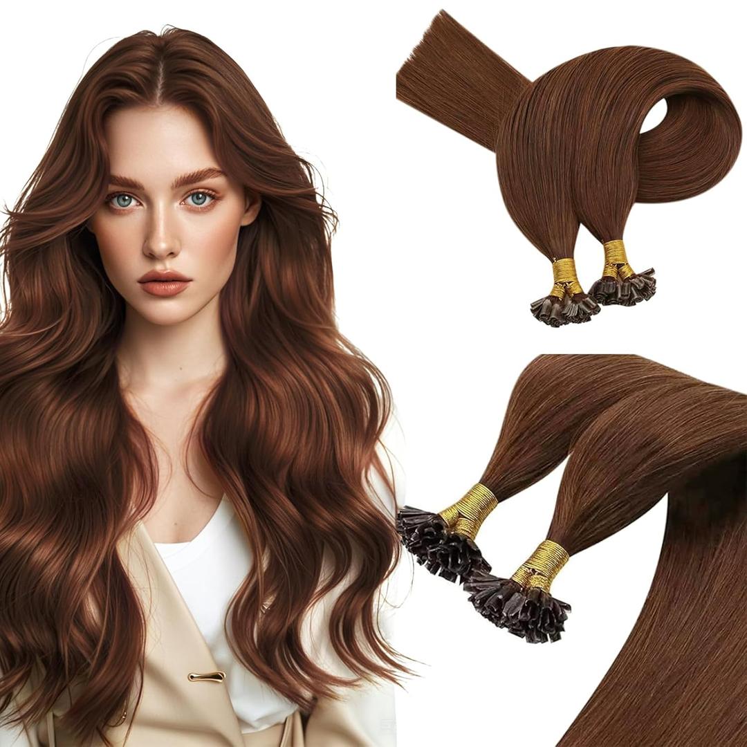 Sunny Hair Auburn U Tip Hair Extensions Human Hair 20 inch Keratin Hair Extensions Human Hair Auburn Brown Utip Hair Extensions Soft Hot Fusion Hair Extensions Dark Auburn for Party 20inch 50g