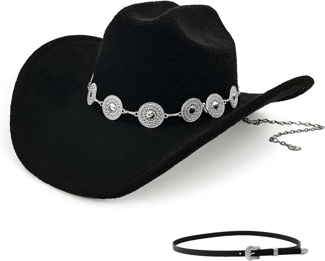 Classic Western Cowboy Hat for Men & Women, Felt Cowgirl Hat with Two Decorative Bands, ，Wide Brim， All-Season Wear