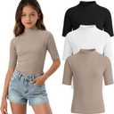 3 Pack Girls' Shirts Teen Summer Tops Mock Turtleneck Slim Fit Ribbed Half Sleeve Fashion Tees Kids Clothes Trendy (Teal)