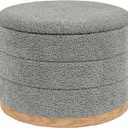 Round Storage Ottoman with Tray Lid, Folding Chenille Fabric Footrest with Hidden Storage, 22.8" Large Footstool Side Table for Dorm Living Room Bedroom, Wood Grain Base, Grey, 22.8"D x 22.8"W x 17.3"H