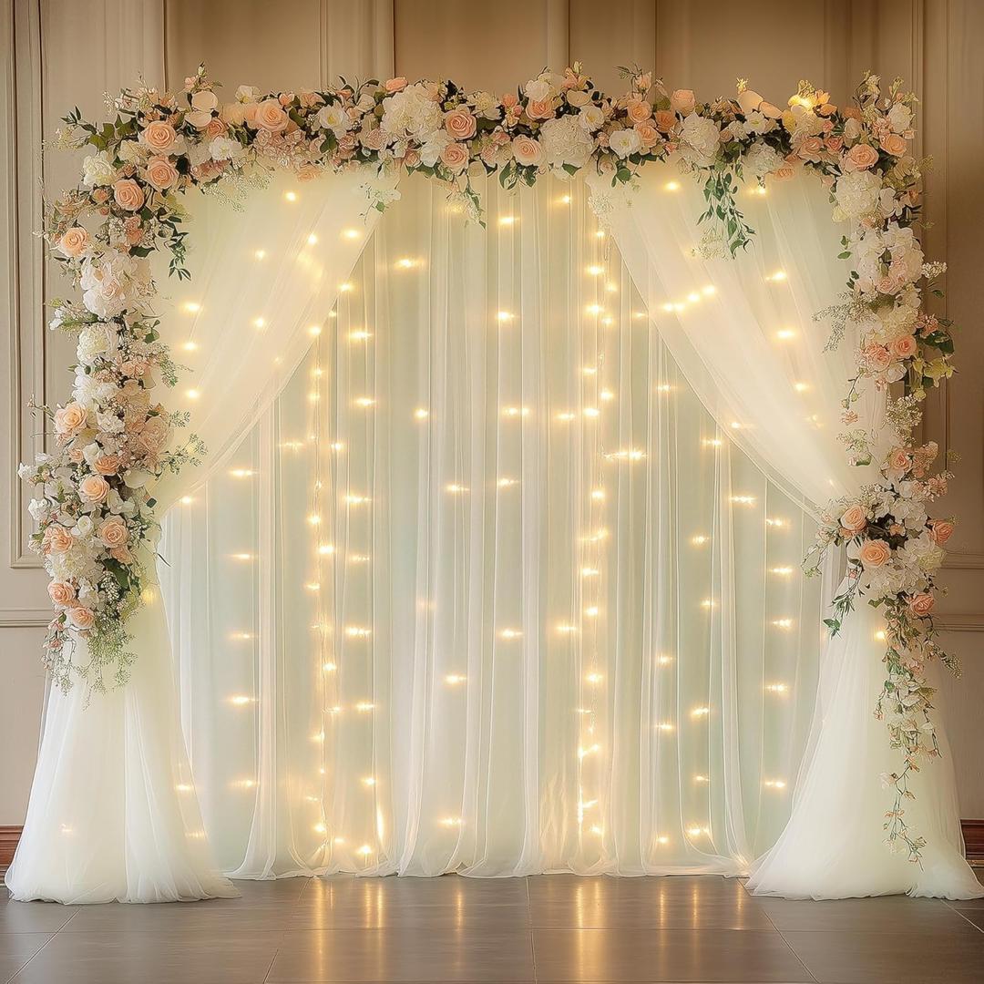 Fomcet Ivory Backdrop Curtains with Lights String 10X10FT Polyester Fabric & Tulle Curtains Backdrop Drapes for Back Drop Photoshoot Baby Shower Birthday Party Decor 2 Panels 5x10FT