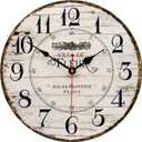 14 Inch Retro Vintage French Country Style Round Wooden Wall Clock Silent Battery Operated Non-Ticking Decorative Clock for Kitchen Farmhouse Bedroom Home Wall