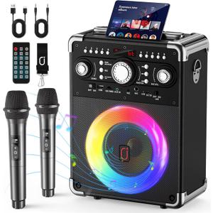 Karaoke Machine, Portable Bluetooth 5.3 Speaker with 2 Wireless Microphones for Adults, PA System with Echo Adjustment, Support TWS/TF Card/USB/AUX/TVs Connected for Home Party/Outdoor/Events
