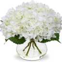 Hollyone Hydrangea Artificial Flowers with Vase White Silk Fake Flowers Arrangements in Glass Vase with Faux Water for Home Bathroom Office Table Centerpiece Shelf Decorations