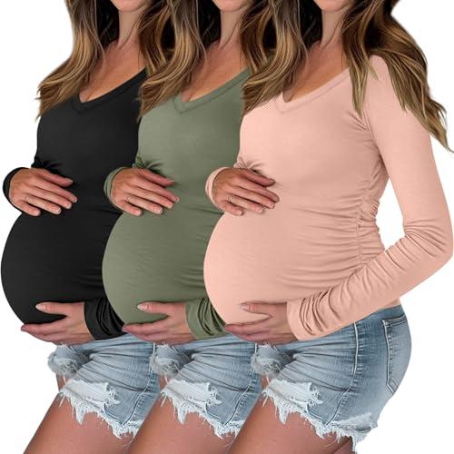 Ficerd 3 Pack Womens V Neck Maternity Shirts Long Sleeve Side Ruched Tops Basic Tunic Tshirt Winter Pregnancy Clothes(Black, Army Green, Light Pink,Small) at Amazon Womens Clothing store Small