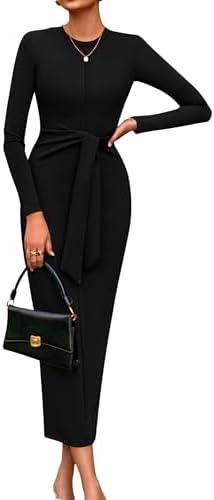 PRETTYGARDEN Women's 2025 Wedding Guest Midi Dresses Semi Formal Long Sleeve Bodycon Tie Waist Cocktail Fall Fashion Clothes S