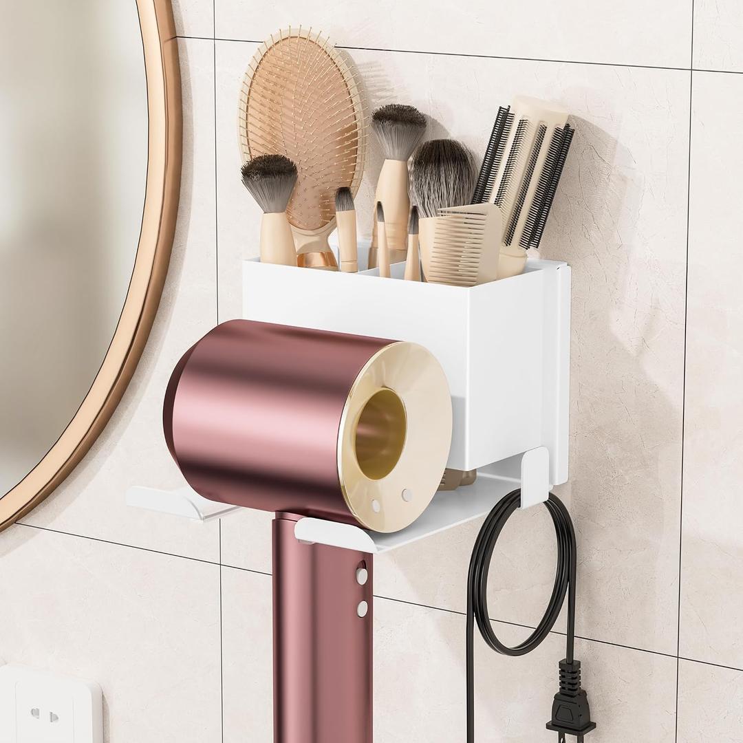 BOIVSHI Hair Dryer Holder, Metal Hair Dryer holder wall mounted, Bathroom Space Saving Hair Dryer Organizer, 2 Installation Options - Self Adhesive or Screw, White