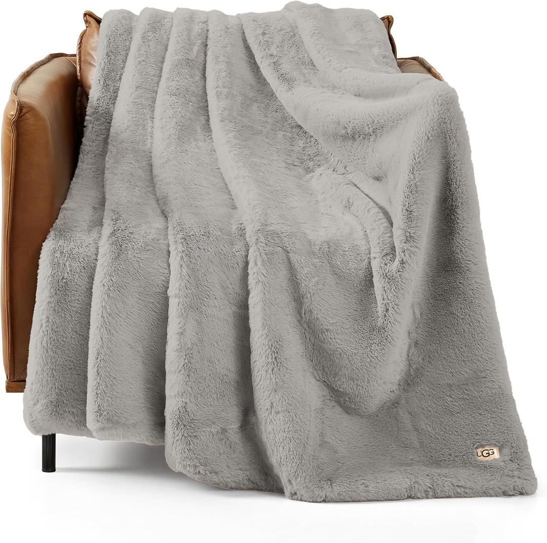 UGG Euphoria Plush Faux Fur Throw Blanket Medium Weight Reversible Luxury Soft Throw for Couch Bed or Chair Hypoallergenic Machine Washable Home Decor Blanket, 50-inch x 70-inch, Seal Light Grey (Throw, Silver)