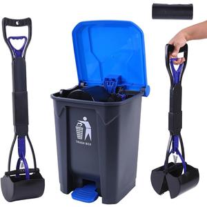 Pooper Scooper 2 Pack with 20 Litre Step Dog Poop Trash Can, 28" Long Handle Dog Poop Scoopers for Large Small Dogs Heavy Duty, Removable Inner Bucket for Outdoors, 50 Waste Bags Included (Blue)