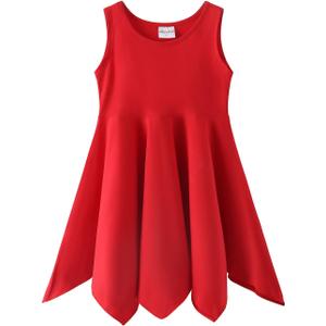 Noomelfish Girls Handkerchief Hem Twirl Dress Summer Cotton Sleeveless Skater Sundress (3-12 Years) (5-6 Years, Red)