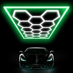 Large Hexagon Garage Lights 14 Hex LED Higher Brightness Ceiling Lights with Green Light Rectangle Frame Octagon Honeycomb Lighting for Garage Car Detailing Barber Shop Gym Warehouses.