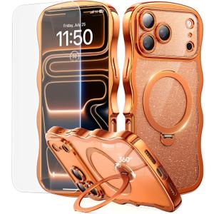 3 in 1 for iPhone 17 Pro Case with 360 Spin Magnetic Stand, 1X DIY Glitter Cardstock +1X Screen Protector, [Fit for Magsafe]Cute Wavy Trendy Glossy Clear Phone Cover for Women Girls 6.3Inch, Orange