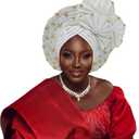 African Headpiece of Nigeria ASO Oke Headwraps Hat Turban Wedding Party Handmade Elegant Hair Wear Cap for Women (One Size-Large, White)