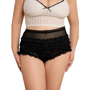 OYOANGLE Women's Plus Size Lace Ruffle Layered Panties Frill Trim Mid Rise Sheer Briefs Cute Underwear Black 3X-Large Plus