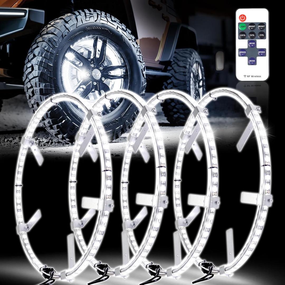 4PCS 17" Super Bright Double Row White Wheel Lights Rim Lights with Remote Control for Truck SUV Car Easy Install Unique Style