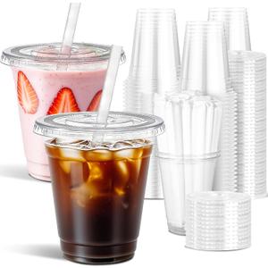 Ginkgo 100 Pack 12 oz Plastic Coffee Cups with Lids and Straws, Disposable Clear To Go Iced Coffee Cups for Milkshakes and Cold Beverages  Coffee Bar Essentials for Home and Shops
