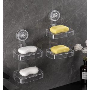 NEELEEN Suction Cup Soap Dish - Clear Suction Soap Holder for Shower, Double Layer Wall Mounted NO-Drilling Removable Waterproof Soap Sponge Holder for Shower Bathroom Kitchen - 1 Pack