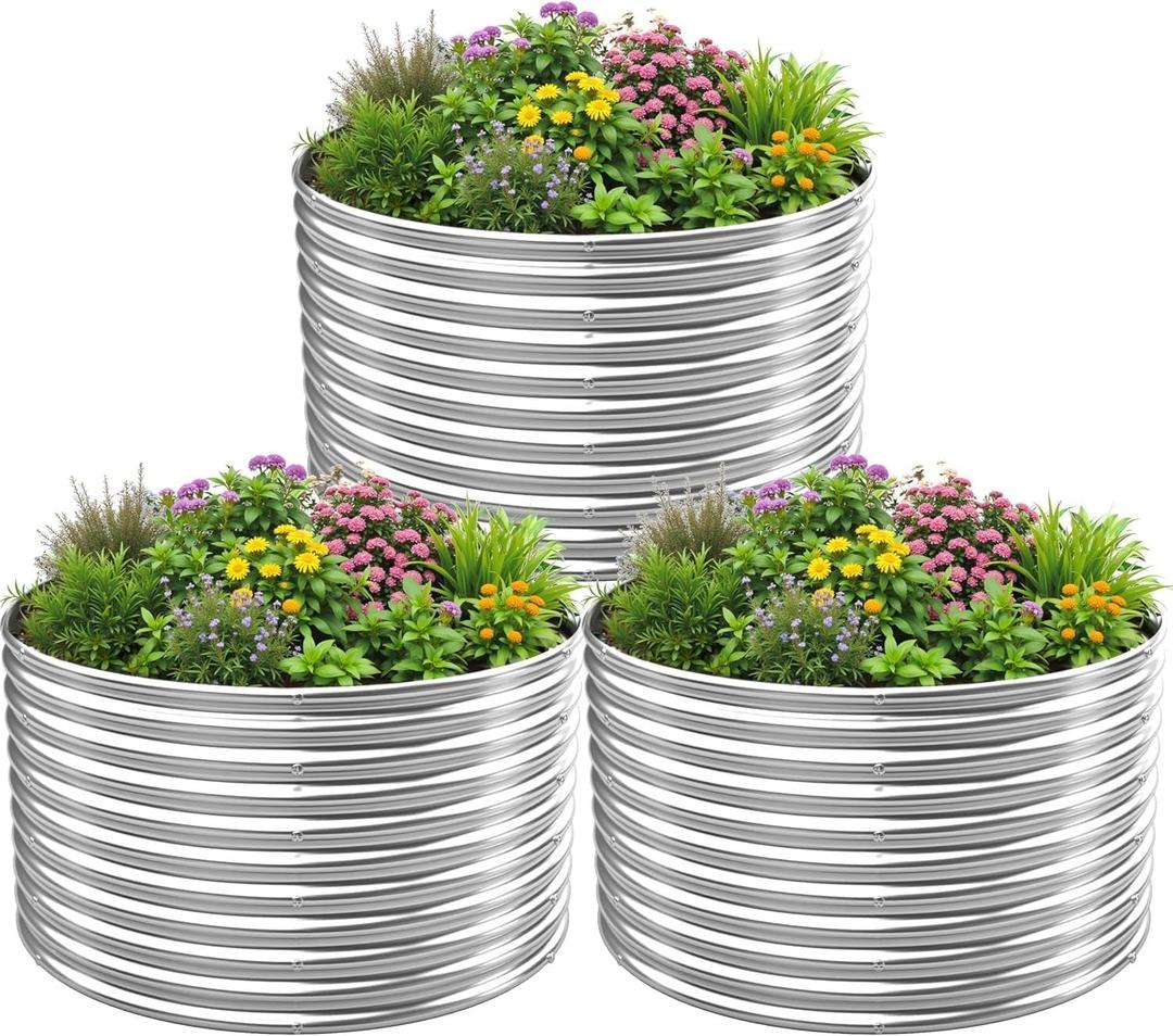 BTDVR 3PCS Tall 33ft Round Galvanized Raised Garden Bed Outdoor, Metal Raised Beds for Vegetables, Above Ground Garden Box for Flower, Steel Garden Bed for Gardening