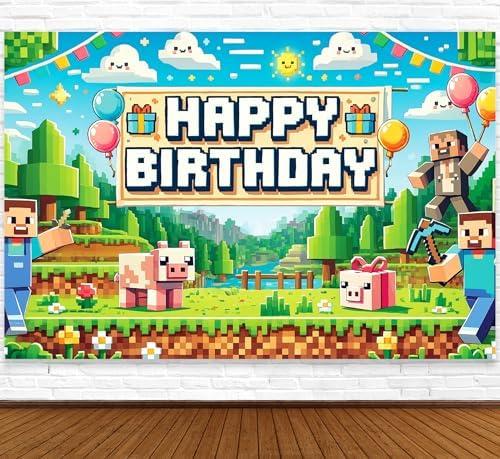 Pixel Backdrop Happy Birthday Banner Boy 6x4ft Miner Bday Sign Villager Gaming Birthday Party Decorations Videogame Themed Banner Video Game Decorations Video Game Backdrop for Boys