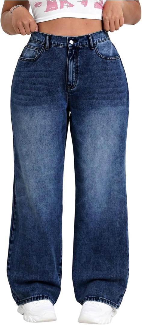SOLY HUX Women's Plus Size High Waisted Denim Pants Straight Leg Casual Jeans (Plain Dark Blue) 4XL