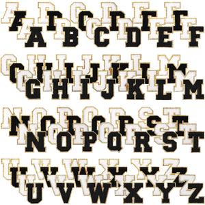 104 Pcs Letter Patch Iron on Chenille A-Z Repair Alphabet Applique Patches Embroidered Letter Sew on with Gold Border for Bags Shirts(2.36'',Black, White)