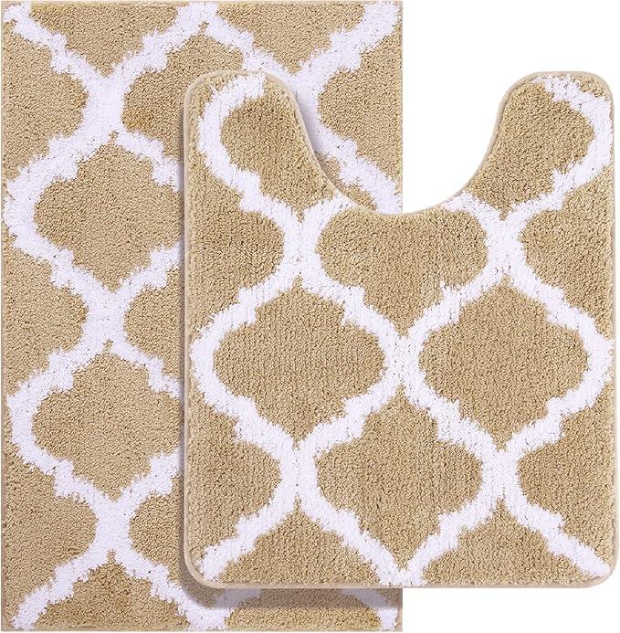 OEKO TEX Bathroom Rugs Set 2 Piece, Microfiber Bath Shower Mat and U-Shaped Toilet Rug, Machine Wash Dry, Non-Slip Absorbent Shaggy Bath Mats for Tub, Shower and Bathroom (24"x16"+24"x20", Beige)
