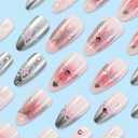 3 x IMRAIN Press-on Almond Medium Pink Silver French Tips False Nails with Bow & Butterfly Designs - Glossy Glue on Acrylic Nails for Women Girls - 24 Pcs