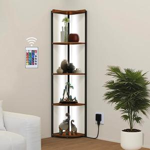 ZOUTOG 5 Tier Corner Shelf with LED Light, 62 Inch Tall Standing Narrow Bookshelf for Small Space with Storage Rack, Wooden Plant Corner Display Shelf with Metal Frame for Bedroom, Living Room
