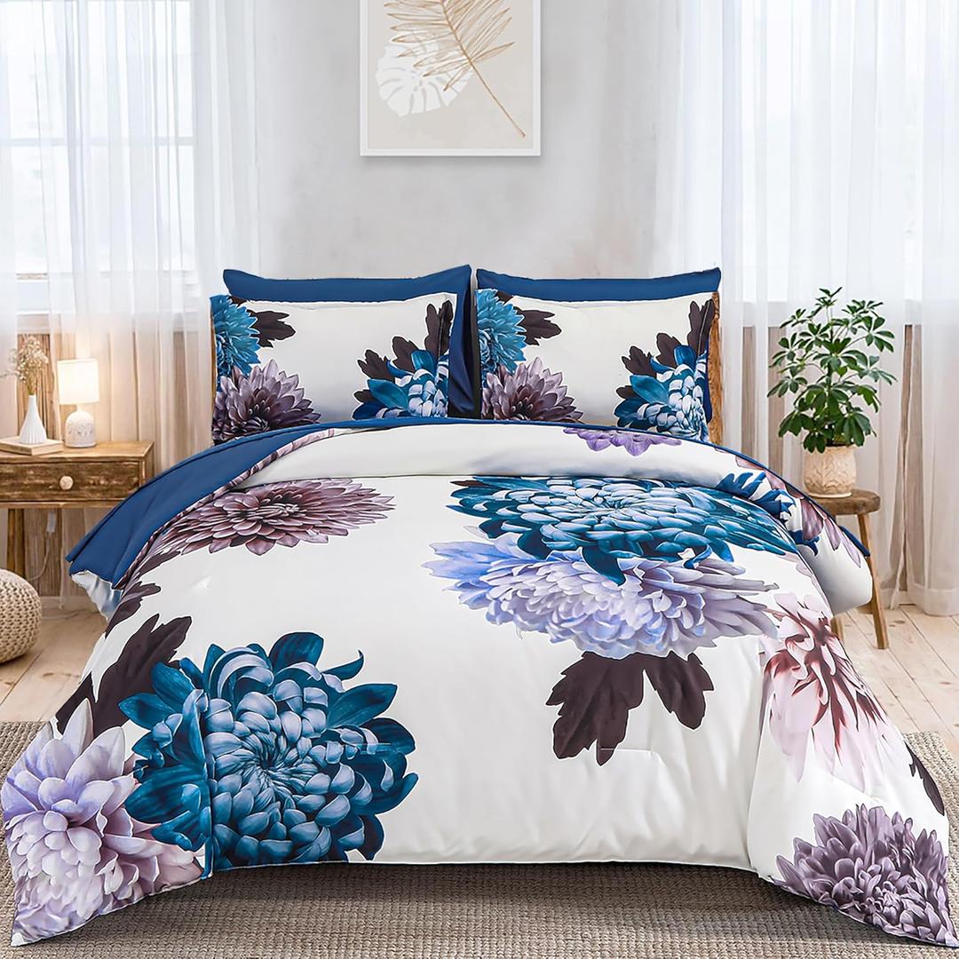 DJY Blue Comforter Set Queen, 7 Piece Floral Comforter Set with Sheets Elegant Flower Print Bed in a Bag Soft Microfiber Complete Bedding Set for All Season