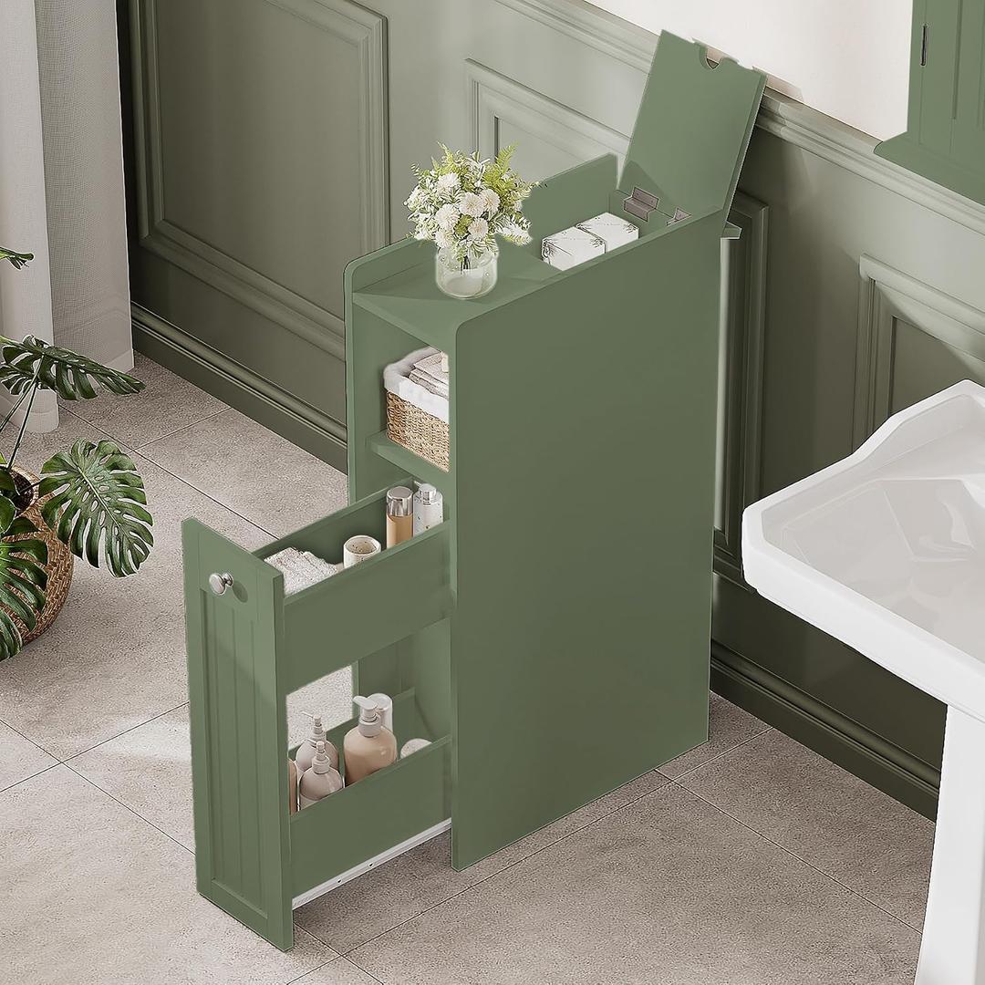 ChooChoo Slim Bathroom Storage Cabinet with Slide Out Drawers Narrow Storage Organizer with Hidden Storage, Freestanding Toilet Paper Holder, Bathroom Cabinet for Small Places, Green, 15.74"D x 7.48"W x 28.35"H