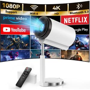 Smart Mini Projector with Android 11.0,2025 Upgraded Portable Projector 1080P 4K Full HD with WiFi 6 and BT5.2,90Retractable Stand, Auto Keystone Home Projector for Phone/TV Stick/Laptop