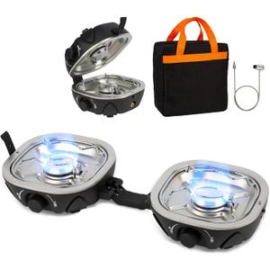 INFOOD Propane Camping Stove 20,000 BTU - Portable 2 Burner Gas Stove with Adjustable Flame Control, Piezo Ignition, Carry Bag & Propane Adapter Hose, Folding Design for Camp, BBQ, Tailgating, Black