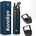 Insulated Water Bottle 24oz Stainless Steel Sport Bottles with 3 Lids, Navy Blue