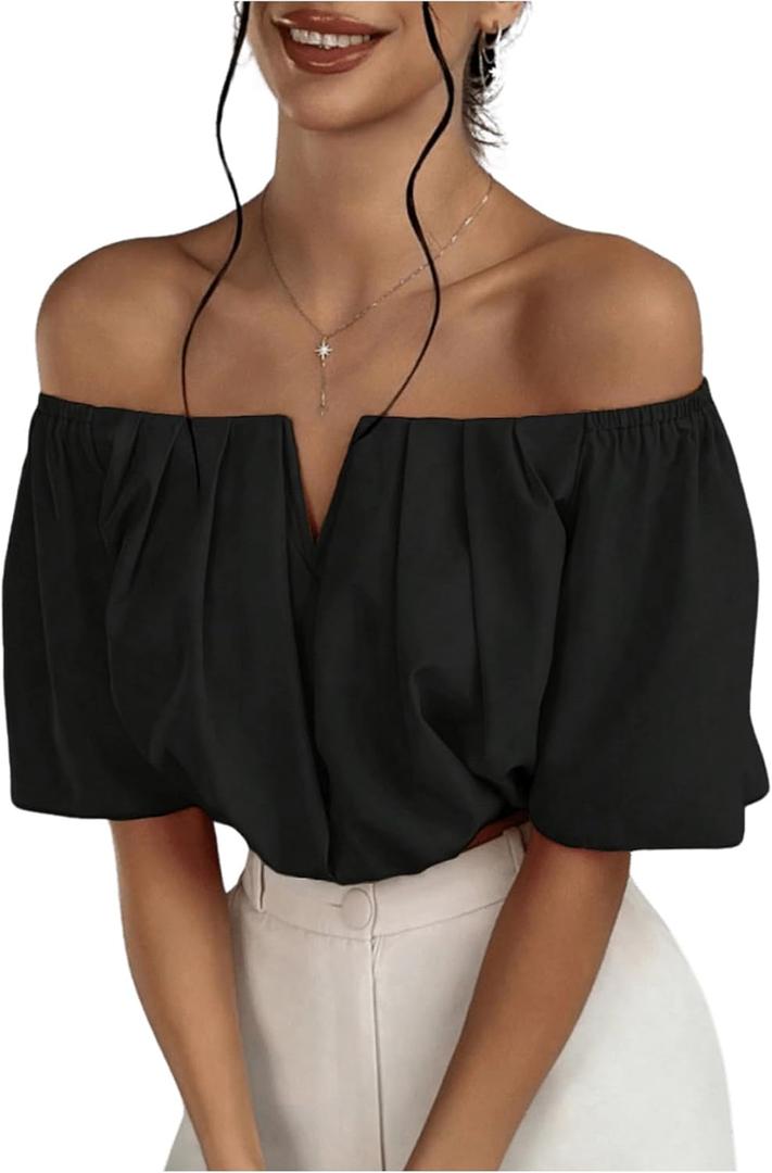 SOLY HUX Women's Off Shoulder Short Sleeve Ruched Crop Tops Blouse (Large, Plain Black)