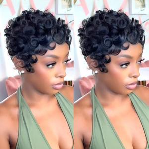 Curly Wave Short Wig for Black Women 1B Black Color Pixie Cut Wig Synthetic Wave Layered Haircut None Lace Front Wigs with Bangs for Daily Use