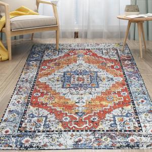 Area Rug 5x7 Washable Boho Vintage Rug with Non Slip Backing Soft Low-Pile Carpet Foldable Mat for Living Room Bedroom Dining Office, Orange (Orange)