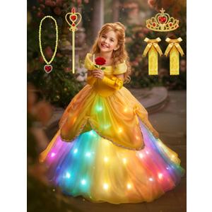 Princess Dress, Light Up Girls Halloween Costume for Toddler Kid Fairy Dress Up Clothes for Birthday Party, Yellow (8-9 Years)